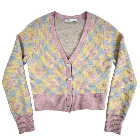 Zara Argyle Cardigan Women Small Pastel Jewel Buttons Preppy Soft Girl Academia - Picture 2 of 13